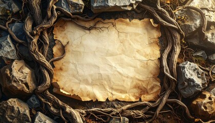 Ancient parchment framed by twisted roots and rugged stones.