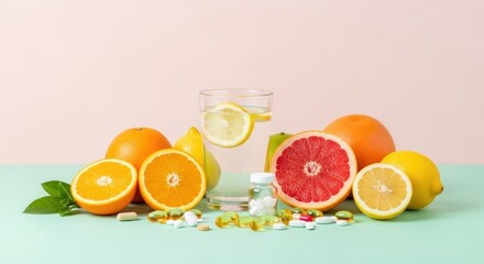 A vibrant assortment of citrus fruits and a glass of water, surrounded by various pills and supplements, all set against a two-toned pastel background.