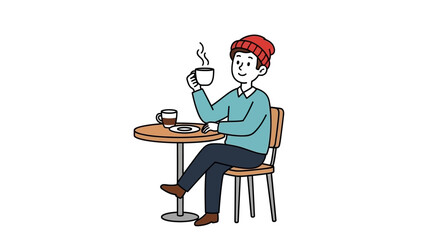 Fototapeta premium A man wearing a red beanie enjoys a hot beverage while seated at a small table, the steam rising from his cup suggests a warm and comforting moment