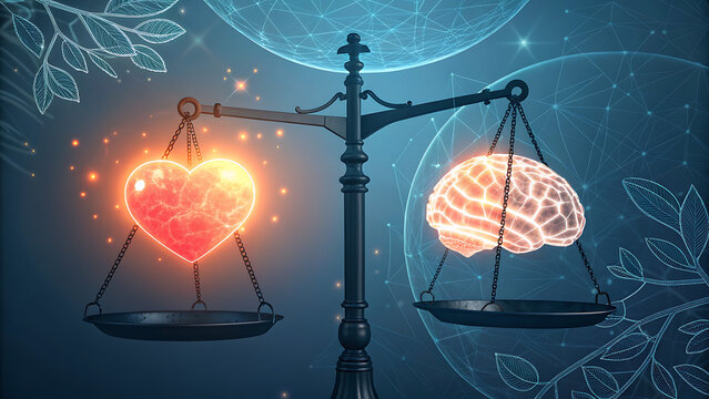 Conceptual balance featuring a glowing heart and brain on a scale, symbolizing the equilibrium between emotion and logic, set against a digital backdrop