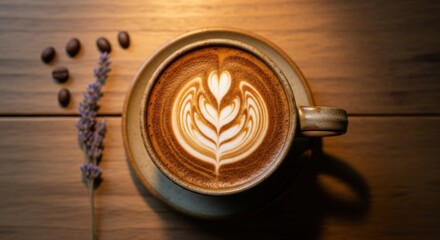 Artistic Coffee Cup with Latte Art and Floral Decoration.