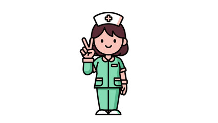 An adorable cartoon female nurse in a green uniform and white cap, happily making a peace sign gesture.
