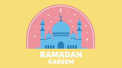 Illustration of a blue mosque with minarets against a pink backdrop with stars and a crescent moon, with 