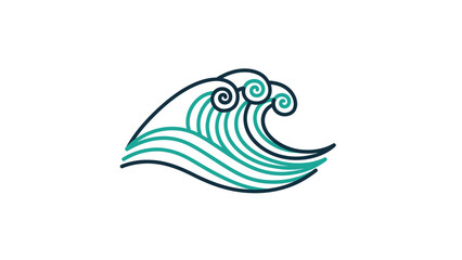 Stylized illustration of a wave with teal and dark blue lines, featuring swirls and a minimalist design on a white background.