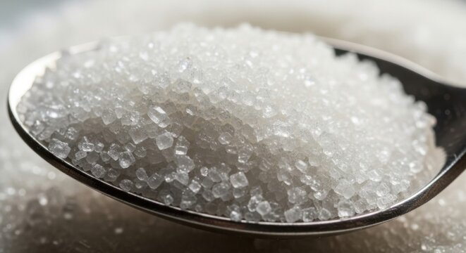 Close-up of granulated sugar in a spoon, white crystals.