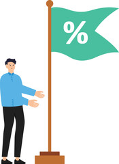 The increase in interest rates due to rising inflation. The US Fed raised interest rates to fight inflation. A businessman waving a flag with a percentage symbol on a pole.
