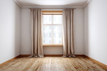 Obraz premium Empty room interior with wooden floor and beige curtains framing a window.