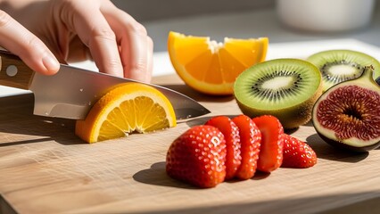 Various fresh sliced fruits prepared on cutting board in bright kitchen