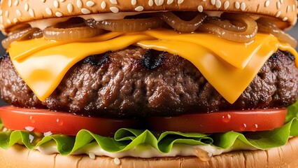 Extreme close up on gourmet hamburger with cheese and onion rings inside