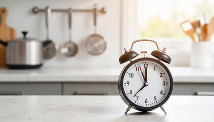 Countdown timer on kitchen counter in bright light, time management