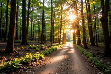 Naklejka premium Sunset Forest Path with Silent Gate