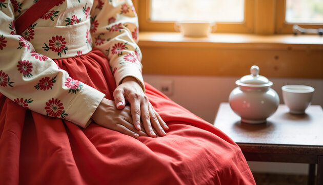 Korean woman wearing Hanbok beside tea table, celebrating Seollal