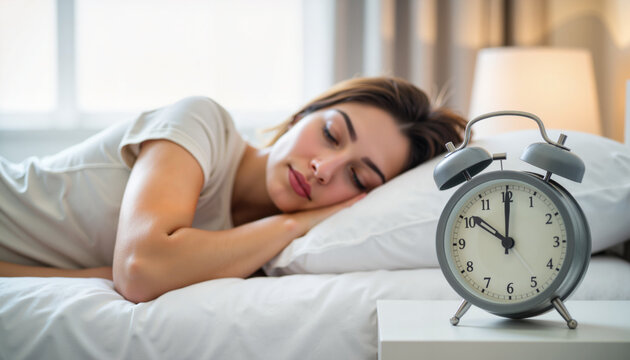 Sleeping woman beside alarm clock in cozy bedroom, morning routine