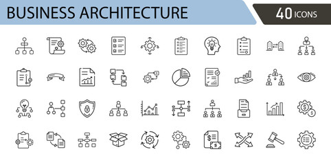 Business Architecture icon set. Includes icons for capability, framework, structure, workflow, strategy, blueprint, governance, planning, system, and process. Outline icons .