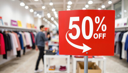 Bold discount sign in retail store with shoppers, sale promotion