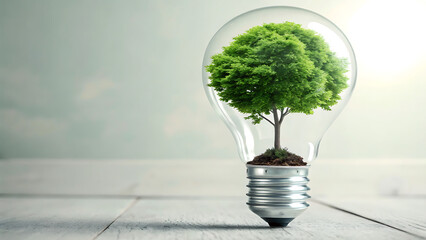 A light bulb with a tree growing inside it symbolizes green energy, sustainability, and environmental awareness on a bright wooden surface