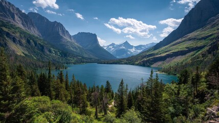 Scenic panoramic view of glacier national park mountains, lush green valleys, and pristine alpine lakes under clear blue sky during summer, showcasing breathtaking natural landscape and outdoor advent