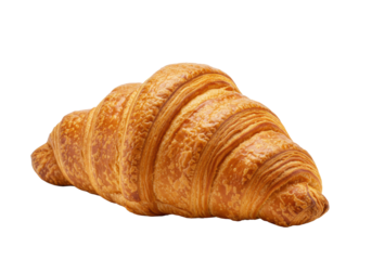Perfectly baked golden-brown french croissant, flaky, buttery layered texture, in sharp focus on a transparent background with copy space, concept for premium pastry advertising