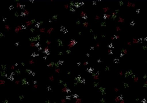 Scattered pattern of small, stylized frog icons in red, green, and white colors against a solid black background