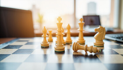 Fallen chess piece symbolizes financial decisions on office chessboard, strategy