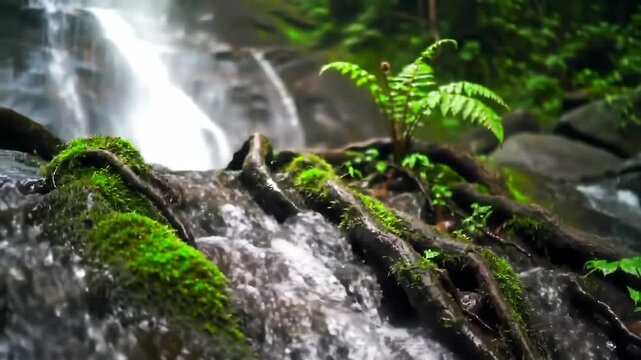 Enjoying a peaceful stream flowing over mossy rocks and roots in a lush forest setting during a sunny day