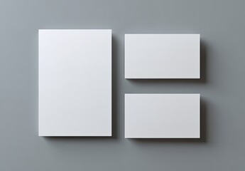 Three blank white rectangular papers on a grey background with shadows, ideal for design mockups