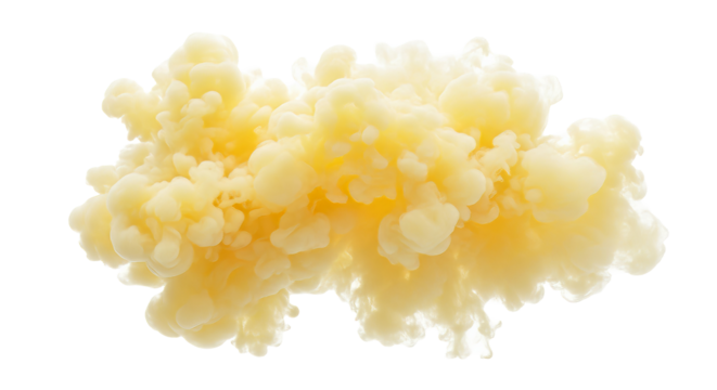 Abstract creamy yellow cloud formation against a black backdrop creates a dreamy and ethereal visual effect perfect for backgrounds on transparent background