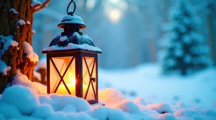 A lantern is lit in the snow, creating a warm and cozy atmosphere