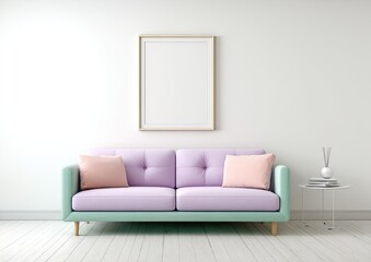 Interior shot of a modern living room with a colorful sofa, and a picture frame
