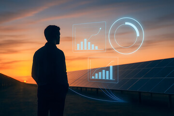 Solar energy analytics at sunset with business professional