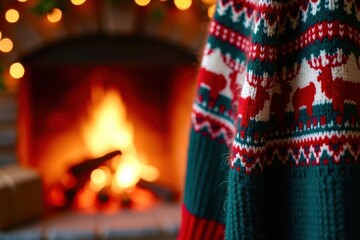Fototapeta premium A cozy scene with a fireplace and a blue and red knit blanket