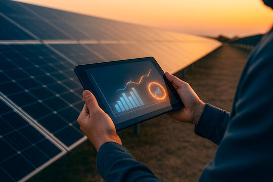 Engineer monitoring solar panel performance on tablet at sunset