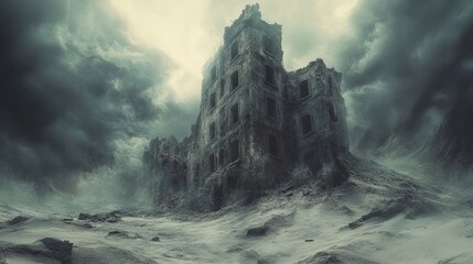 Fototapeta premium Ruined building in a desolate, stormy landscape