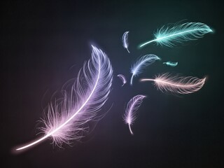 Soft, glowing feathers drift and float gracefully against a dark background, creating a serene and ethereal atmosphere