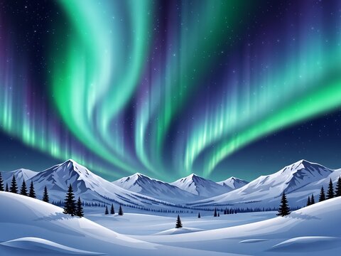 Spectacular Aurora Borealis Lights Up a Snow-Covered Mountain Landscape Under a Starry Night Sky