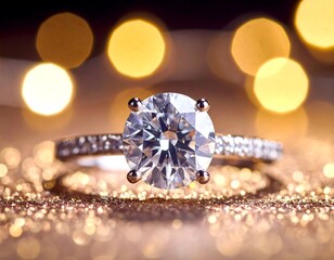 Fototapeta premium Close-up of a sparkling diamond ring, set against a golden bokeh background