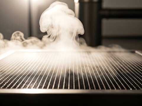 Mist rising from a metallic grill, abstract industrial or scientific visualization of vapor or smoke, with dramatic lighting and shallow depth of field