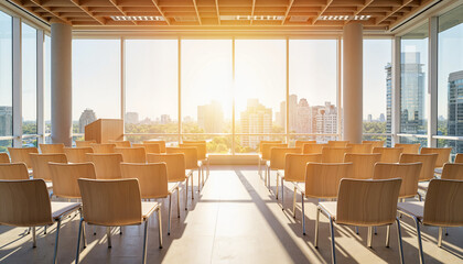 Spacious hotel conference room with sunny city view, professional environment