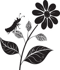 Minimal Vector Ladybug on Flower with Decorative Leaves in Black and White