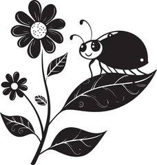 Minimal Vector Ladybug on Flower with Decorative Leaves in Black and White