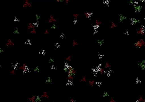 Seamless pattern of scattered holly leaf outlines in red, green, and white colors on a black background