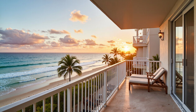 Tropical sunrise view from seaside hotel balcony, serene relaxation