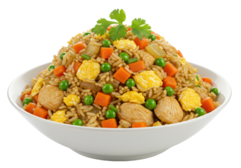 Large asian-style fried rice with golden fluffy grains, green peas, carrots, egg, chicken, and cilantro in a white ceramic bowl against a transparent background with copy space, gourmet food