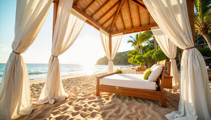 Luxury beach cabana with ocean view in tropical resort, relaxation