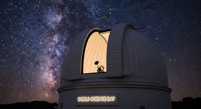 Explore the cosmos with a telescope inside an observatory during World Science Day beneath a magical night sky full of stars and the Milky Way
