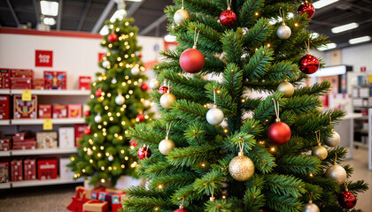 Decorated artificial Christmas trees in retail store setting, holiday spirit