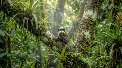 mperor tamarin resting on mossy rainforest branch surrounded by dense greenery