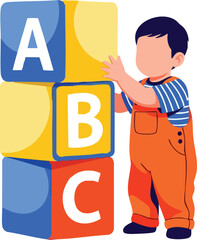 Vector Illustration of Child Playing with Alphabet Blocks in Modern Cartoon Style with Bright Primary Colors