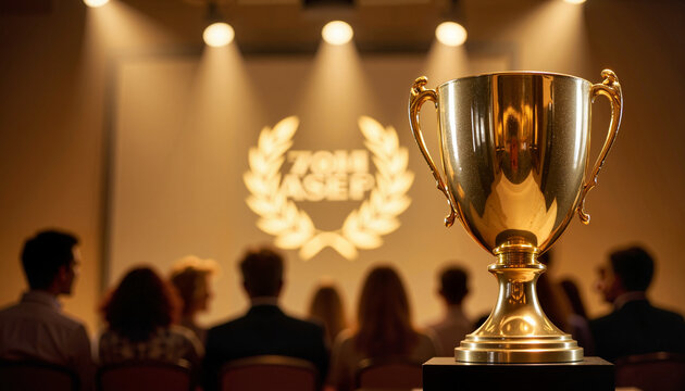 Gold trophy with laurel wreath in spotlight, recognition and achievement