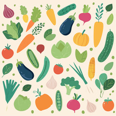 Colorful Hand-Drawn Vegetable Vector Illustration Set in Modern Doodle Style